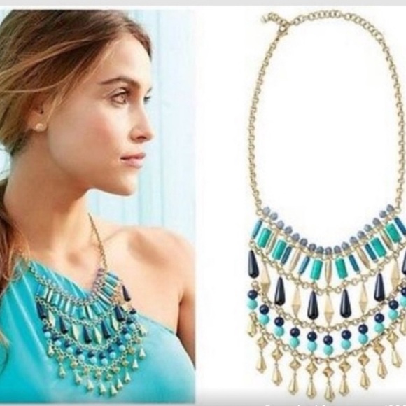 Stella & Dot Malta Bib Statement Necklace Gold and Blue Statement Necklace - Picture 2 of 7